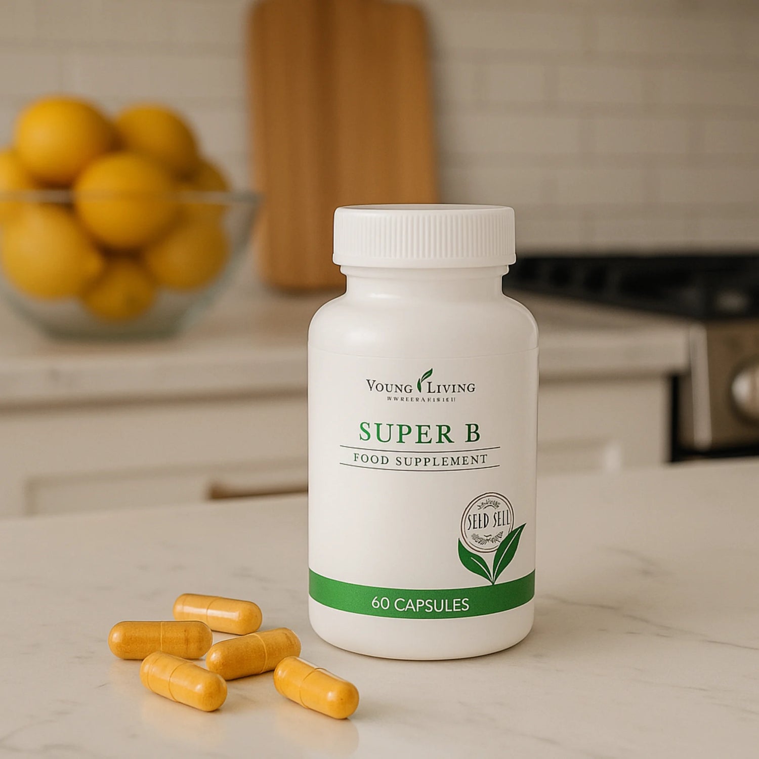 Super B van Young Living – B-complex supplement op houten schaaltje met capsules, omringd door natuurlijke elementen voor ondersteuning bij energie en herstel.