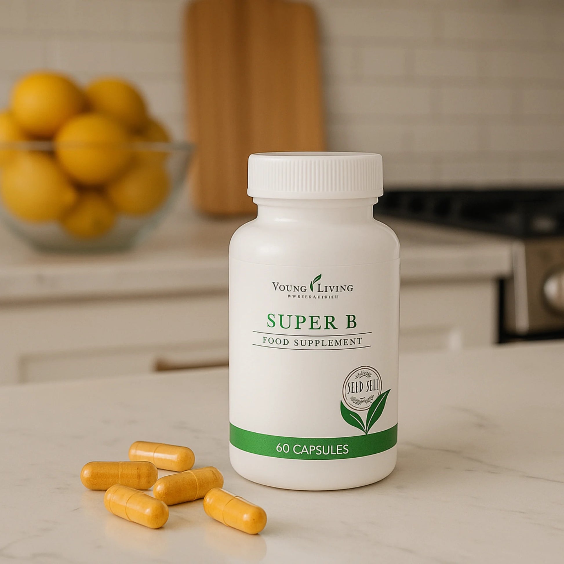 Super B van Young Living – B-complex supplement op houten schaaltje met capsules, omringd door natuurlijke elementen voor ondersteuning bij energie en herstel.