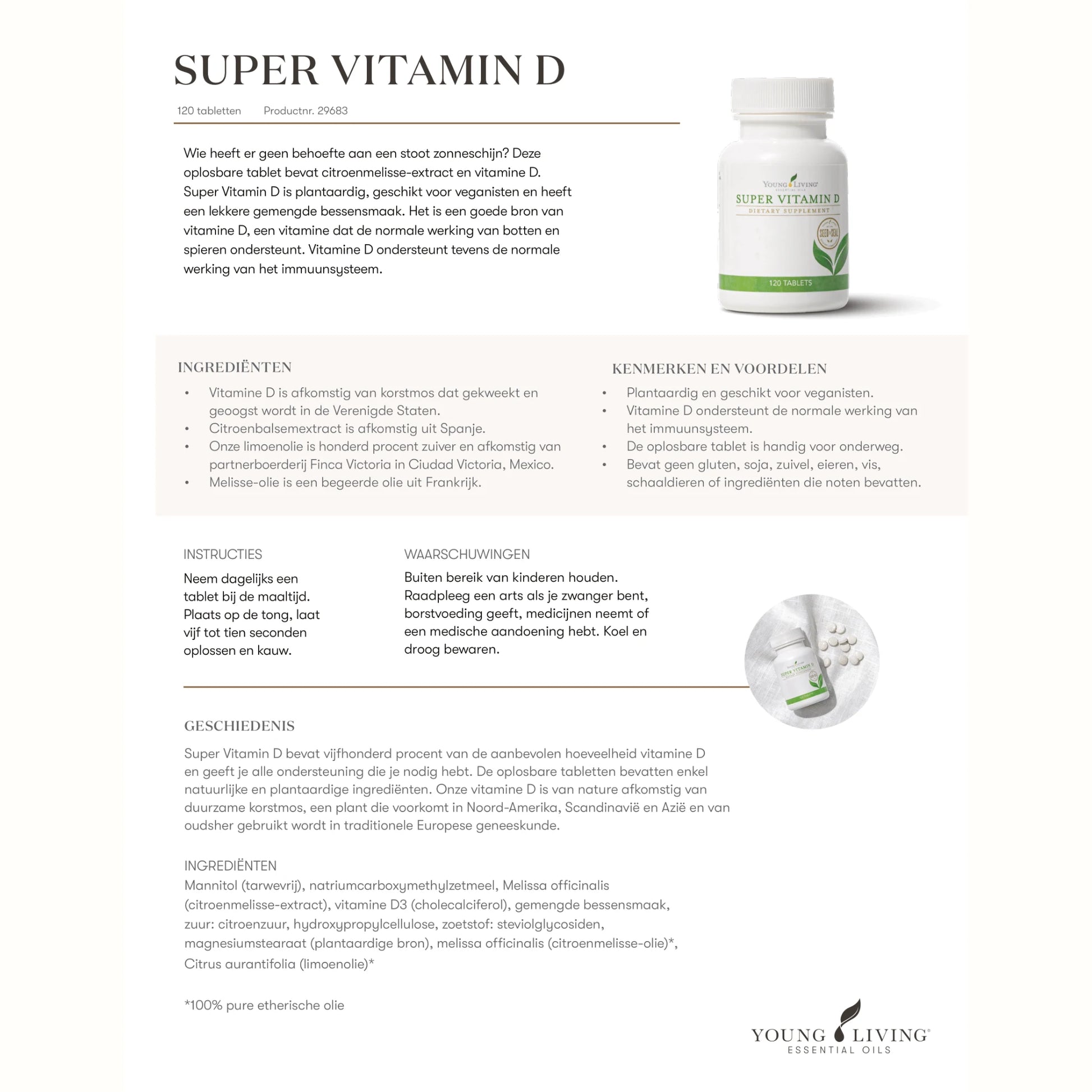 Nederlandstalige informatiepagina over Super Vitamin D van Young Living met uitleg over ingrediënten, voordelen, instructies en werking bij luchtwegen, weerstand en vegan gezondheid.