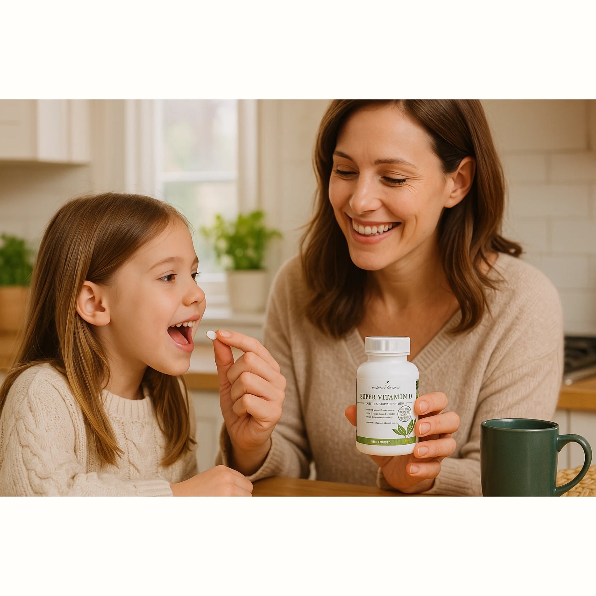 Moeder en dochter nemen samen een Super Vitamin D tablet van Young Living, een plantaardig supplement dat helpt bij het versterken van de weerstand en luchtwegen bij kinderen met allergieën of verkoudheid.