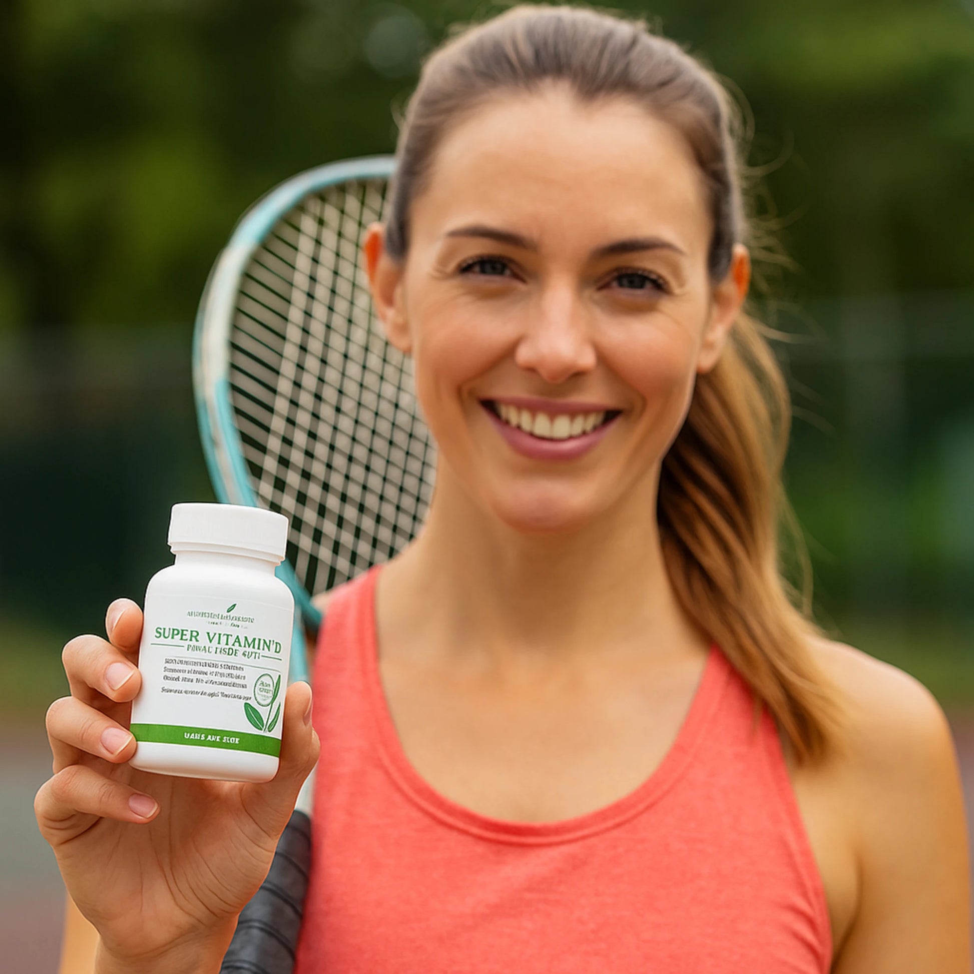 Sportieve vrouw houdt een potje Super Vitamin D vast op de tennisbaan – ideaal voor actieve vrouwen die hun hormoonbalans, energie en botgezondheid willen ondersteunen op een natuurlijke en vegan manier.