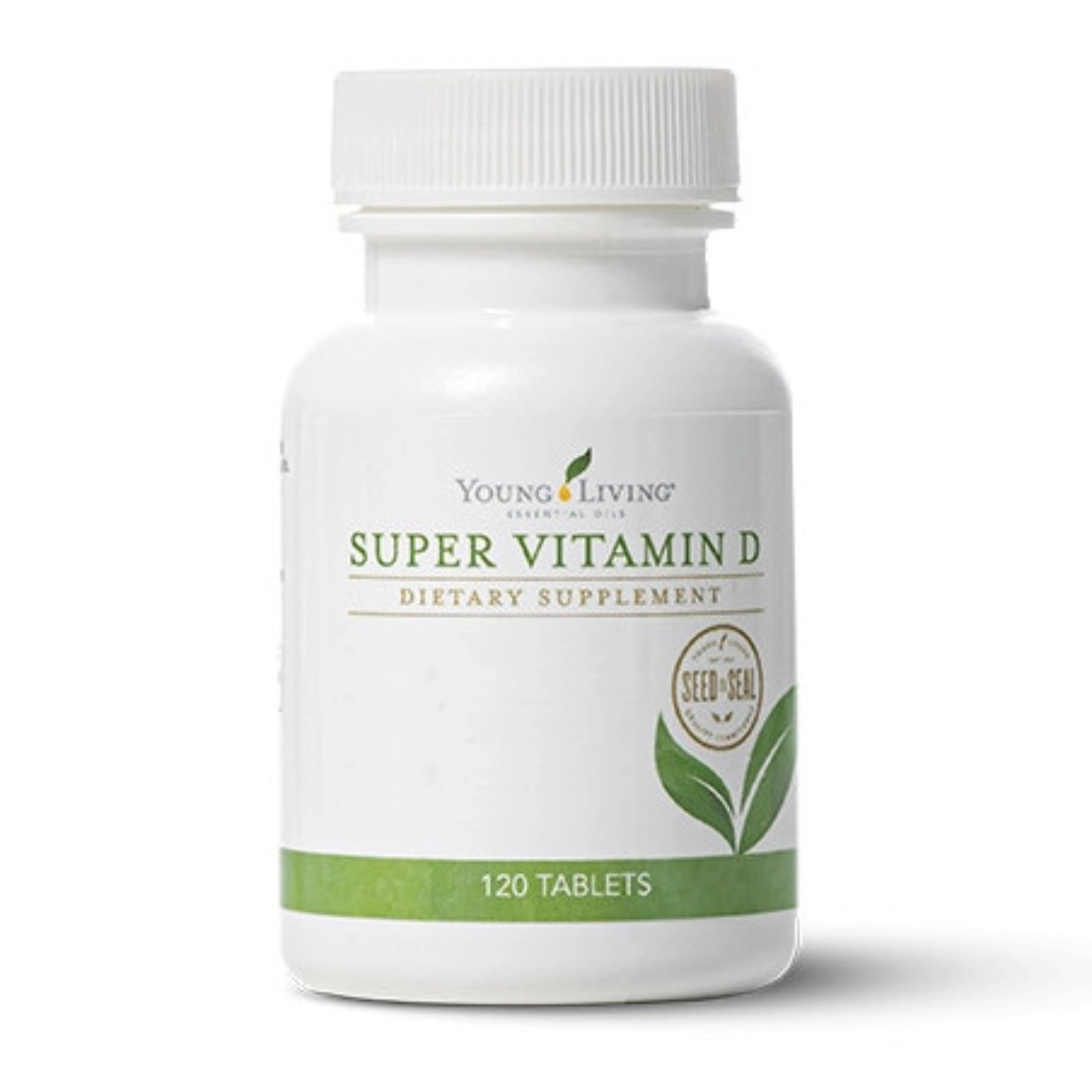Flesje Super Vitamin D van Young Living met 120 plantaardige tabletten – speciaal ontwikkeld voor sterke botten, hormoonbalans en een gezond immuunsysteem bij een vegan levensstijl.