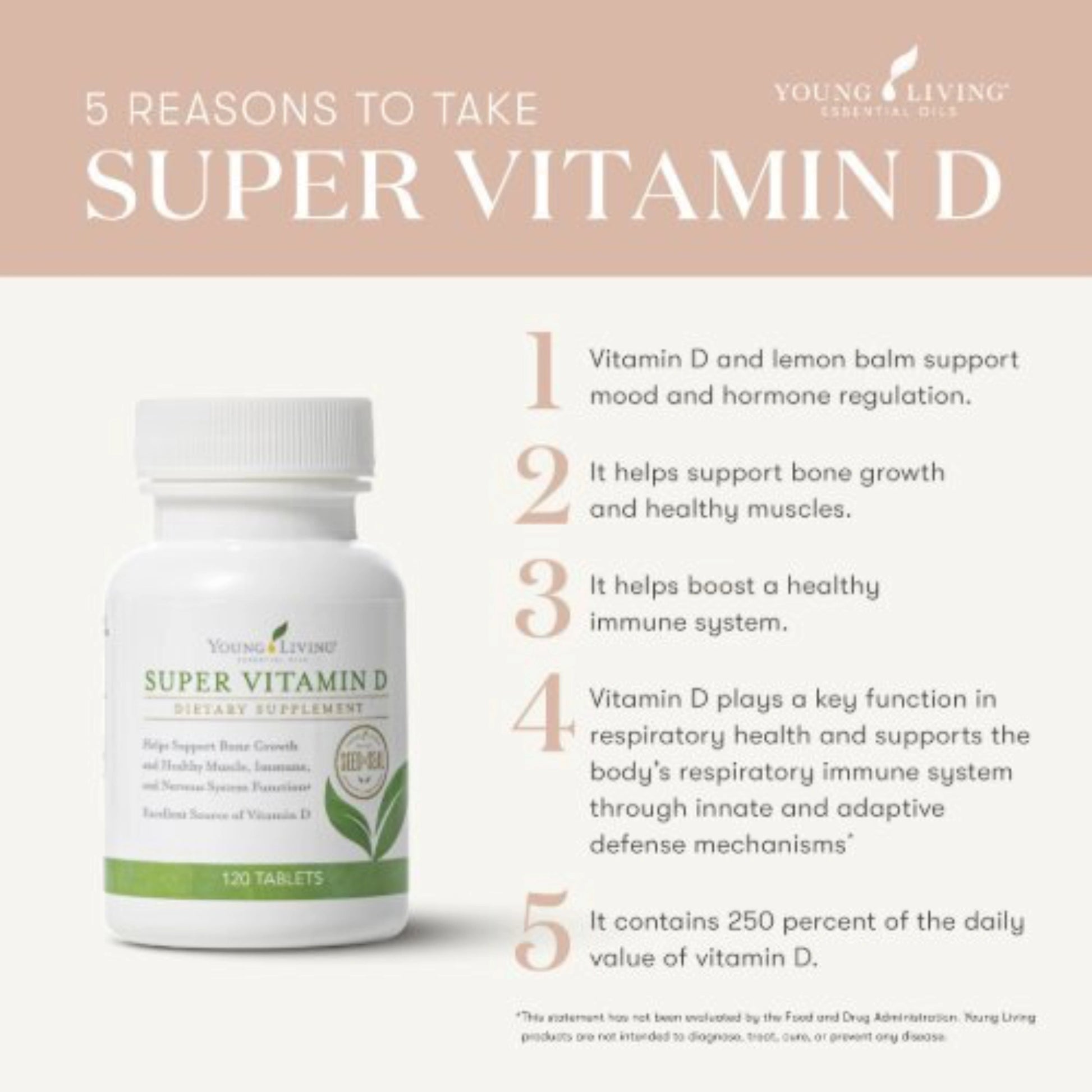 Overzicht van 5 gezondheidsvoordelen van Super Vitamin D van Young Living, waaronder ondersteuning van botten, spieren, hormoonbalans, luchtwegen en immuunsysteem – ideaal voor mensen met allergieën of astma.