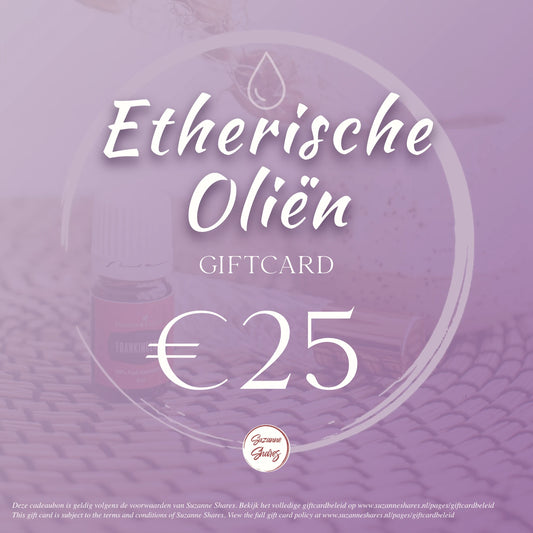 Digitale cadeaubon van €25 voor etherische oliën – ideaal instapcadeau voor ontspanning, self-care of kennismaking met aromatherapie.