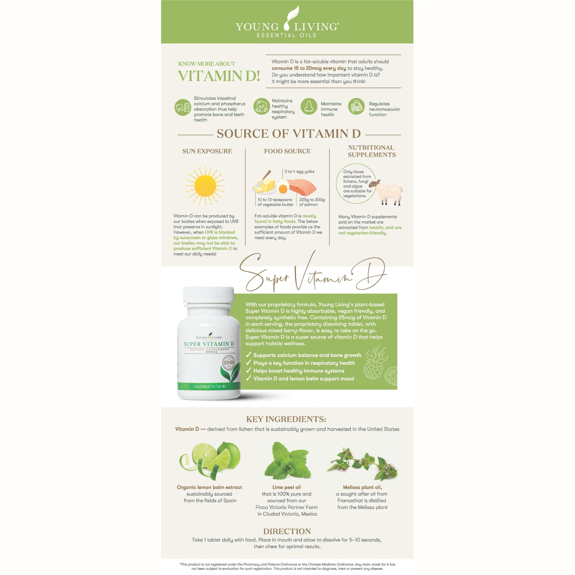 Gedetailleerde infographic over de voordelen van Super Vitamin D van Young Living, met uitleg over zonlicht, voeding, supplementen en plantaardige ingrediënten voor ondersteuning bij luchtwegproblemen en vegan gezondheid.