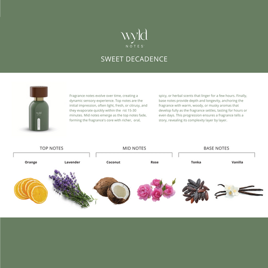 Geurpiramide van Wyld Notes Sweet Decadence met sinaasappel, lavendel, kokos, roos, tonkaboon en vanille.