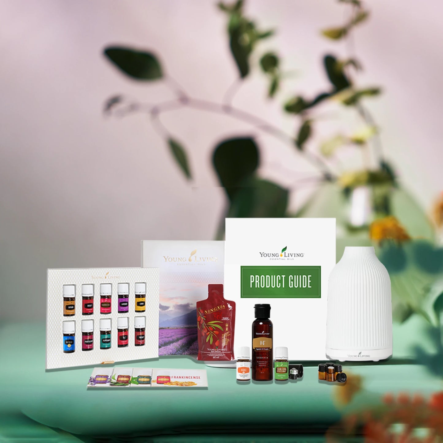 Studio-opname van de volledige Premium Starter Kit met diffuser, oliën, NingXia en productgids – een ideaal beginpakket voor wie natuurlijke oplossingen zoekt voor spanning, focus, hooikoorts of zwangerschapsondersteuning.