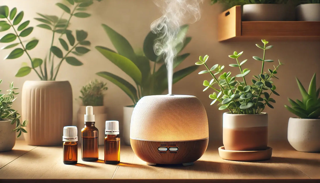 Ultrasone diffuser op houten kast met plant en zachte nevel