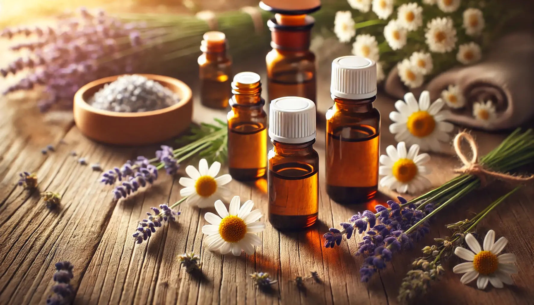 Veilige etherische oliën zoals lavendel en kamille met zachte belichting