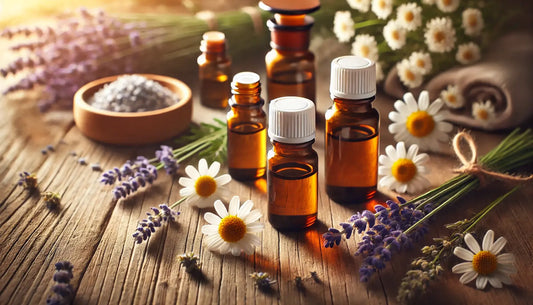 Veilige etherische oliën zoals lavendel en kamille met zachte belichting