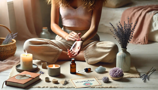 Vrouw gebruikt olie op haar pols tijdens meditatie met affirmatiekaart