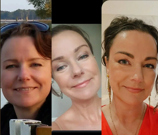 Voor en na: een vrouw op 32-, 40- en 47-jarige leeftijd laat zien hoe natuurlijke zelfzorg, suppletie en een bewuste leefstijl kunnen bijdragen aan een stralend en gezond uiterlijk zonder medicatie.