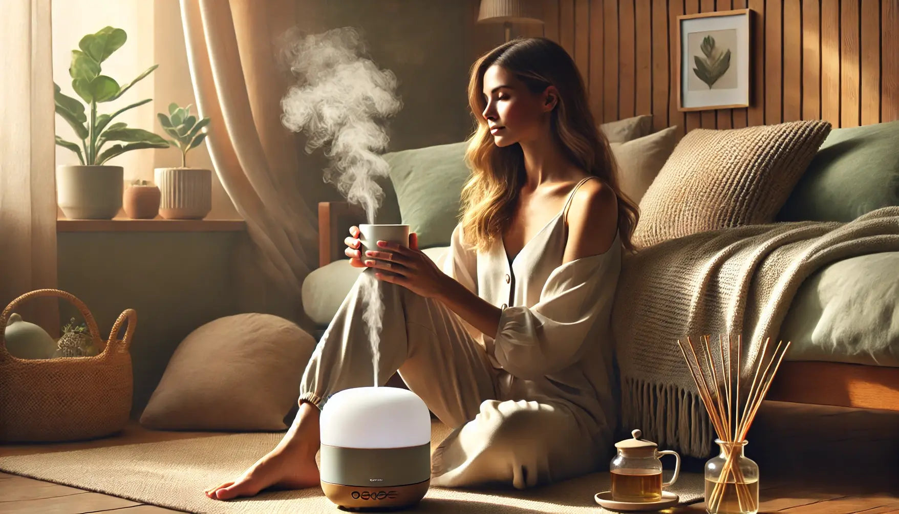 vrouw herstelt van burn-out met rust, thee en essentiële oliën