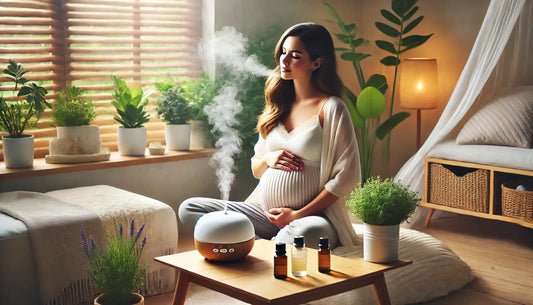 Zwangere vrouw gebruikt een diffuser met veilige essentiële olie