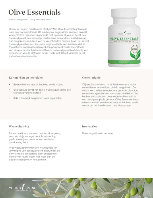 Afbeelding van Young Living Olive Essentials – voedingssupplement met Spaanse olijven, rijk aan hydroxytyrosol en rozemarijnolie, ondersteunt een mediterrane levensstijl en is keto-vriendelijk.