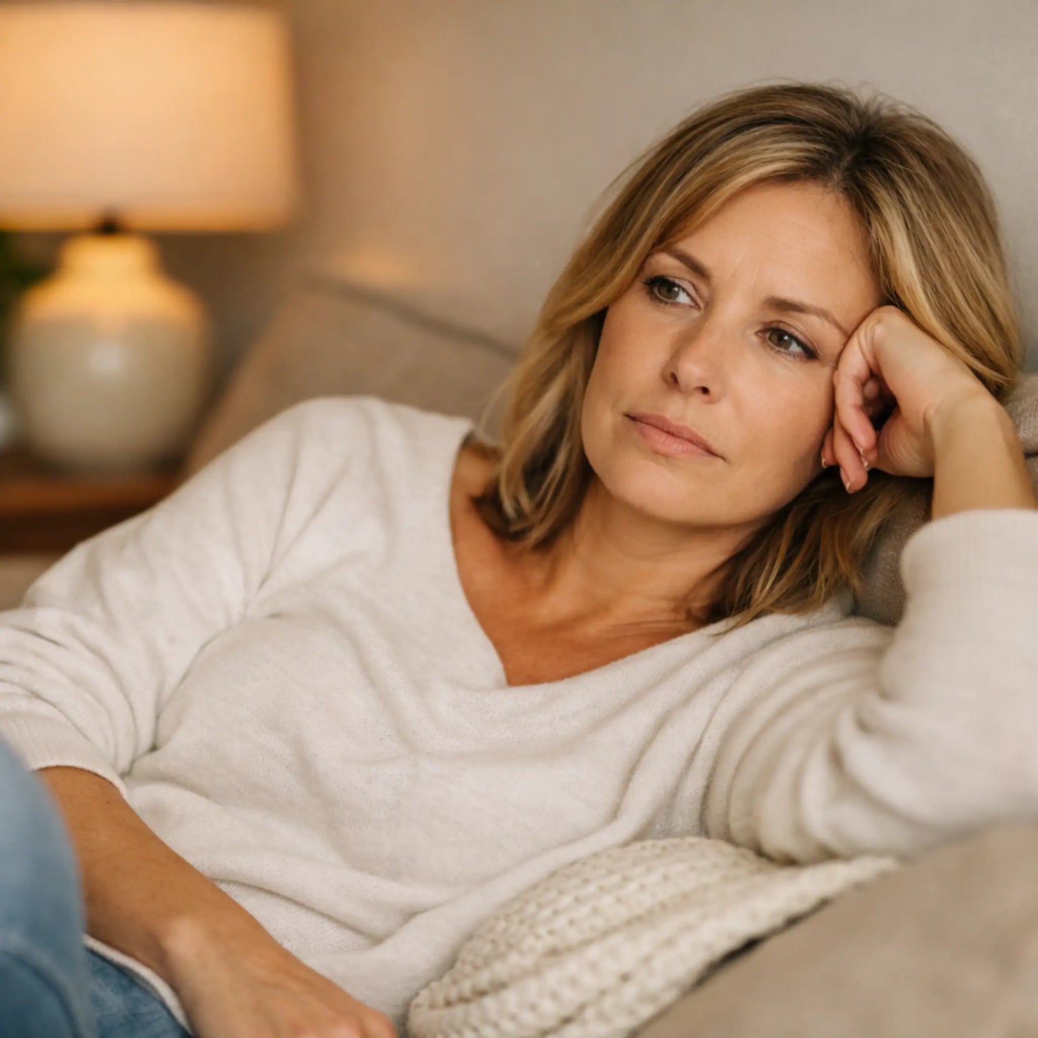 vrouw rond de 45 die nadenkt over gewichtstoename en hormonen tijdens de perimenopauze