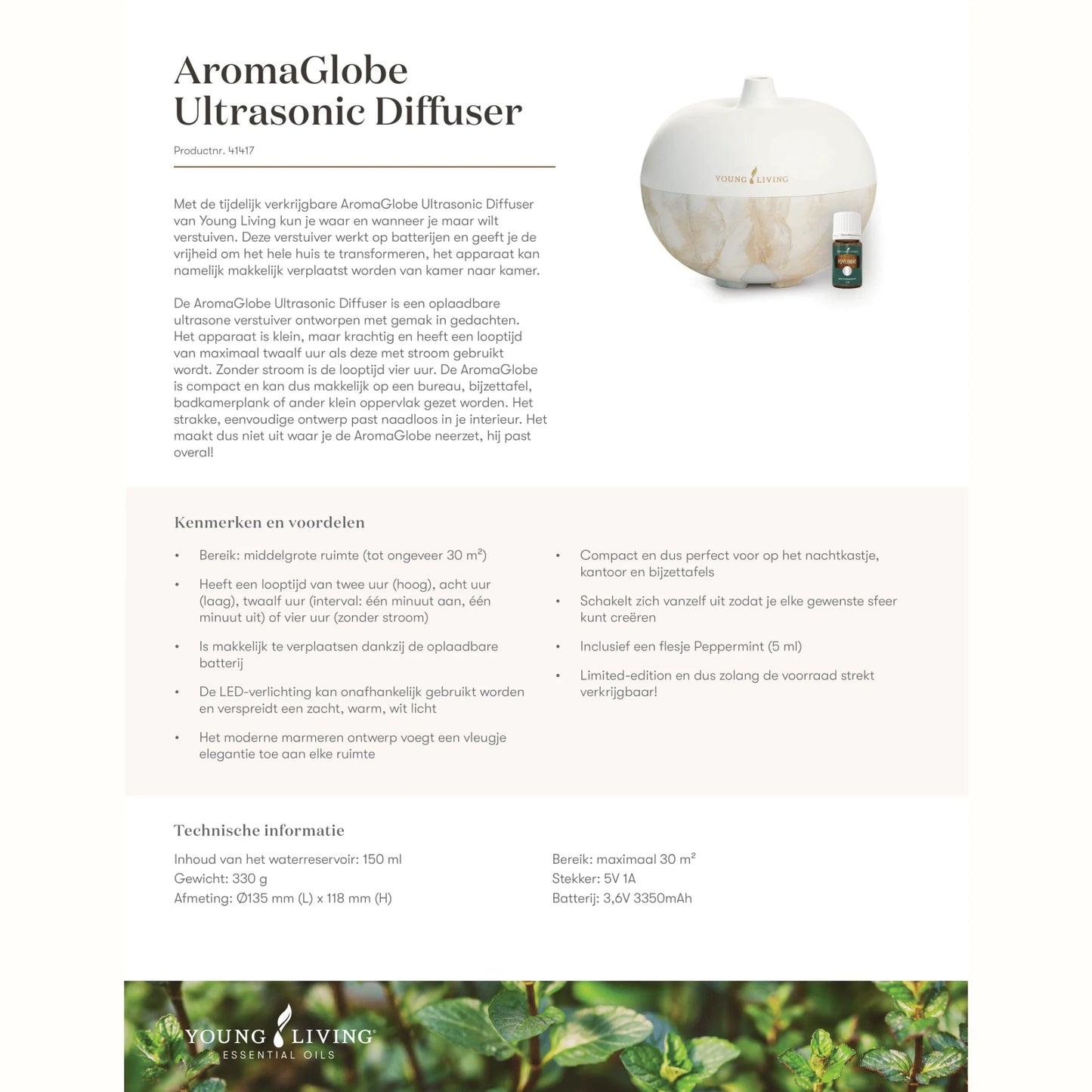 AromaGlobe Ultrasonic Diffuser van Young Living met een flesje Peppermint olie – ideaal voor het natuurlijk ondersteunen van de luchtwegen en het creëren van een frisse, ontspannende sfeer in huis.