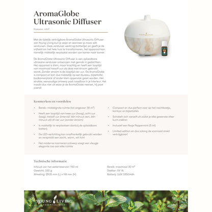 AromaGlobe Ultrasonic Diffuser van Young Living met een flesje Peppermint olie – ideaal voor het natuurlijk ondersteunen van de luchtwegen en het creëren van een frisse, ontspannende sfeer in huis.