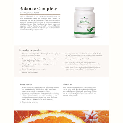 Overzicht van ingrediënten en voedingswaarden van Balance Complete – natuurlijke maaltijdvervanger met multivitaminen, mineralen, enzymen en bloedsuikerondersteuning.