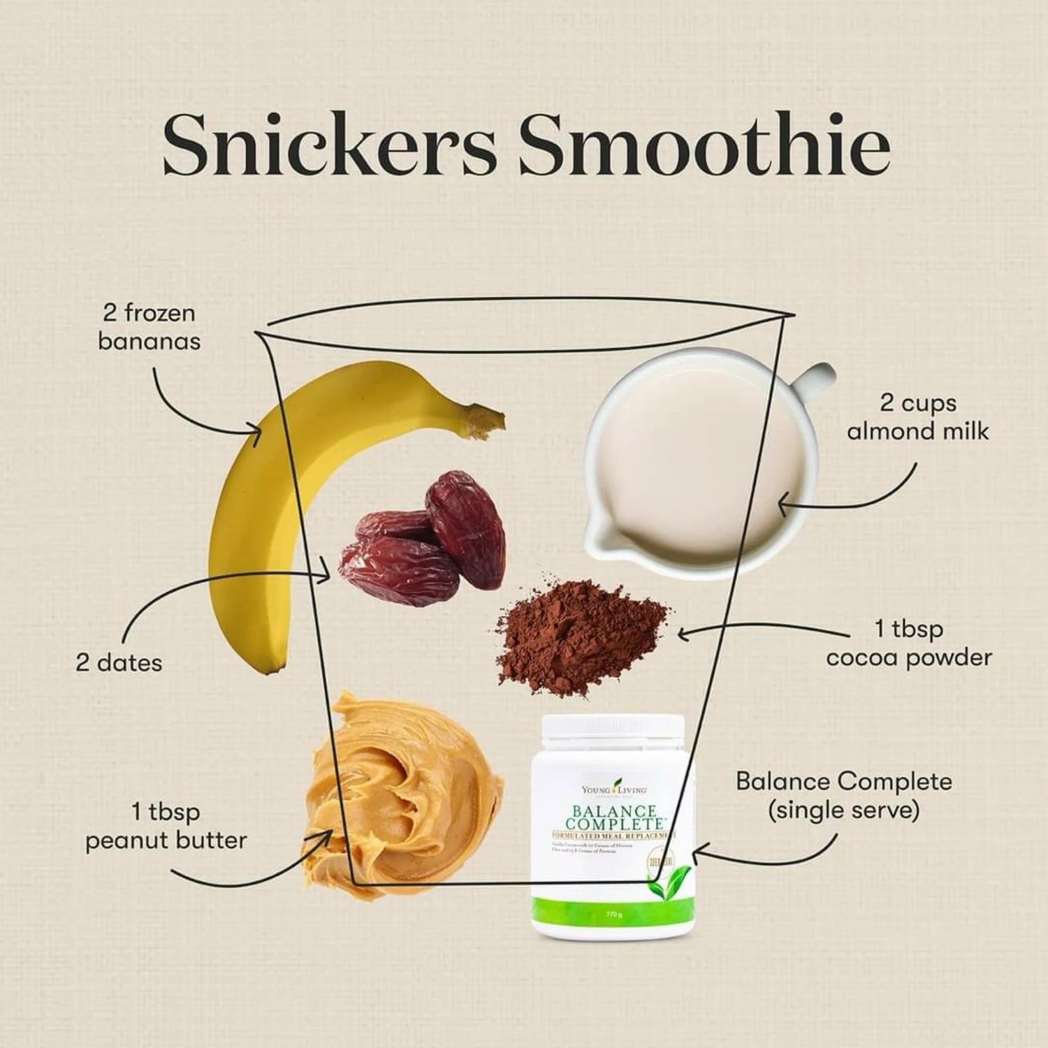 Gezonde Snickers Smoothie met Balance Complete van Young Living, bevroren banaan, dadels, pindakaas, cacaopoeder en amandelmelk – een voedzame maaltijdvervanger met superfoods.