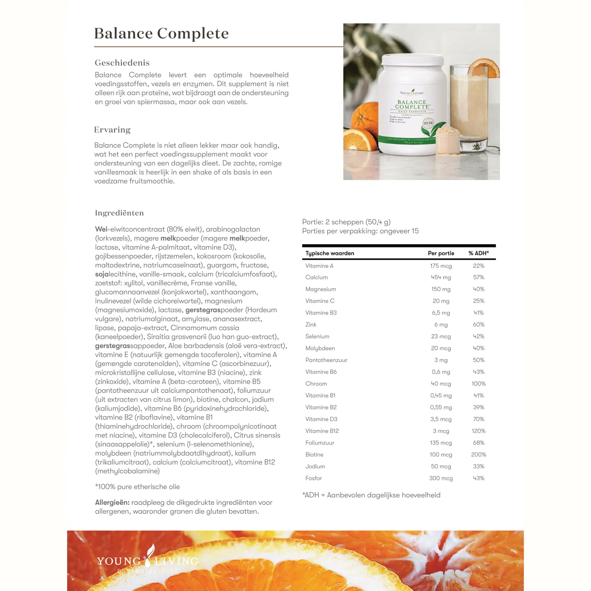 Overzicht van ingrediënten en voedingswaarden van Balance Complete – natuurlijke maaltijdvervanger met multivitaminen, mineralen, enzymen en bloedsuikerondersteuning.