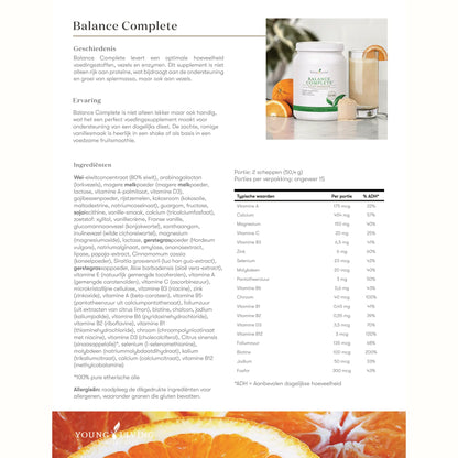 Overzicht van ingrediënten en voedingswaarden van Balance Complete – natuurlijke maaltijdvervanger met multivitaminen, mineralen, enzymen en bloedsuikerondersteuning.