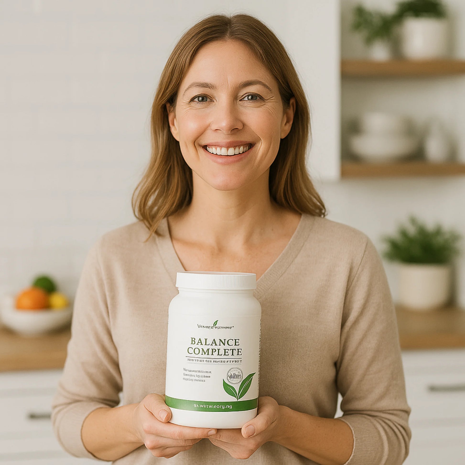Vrouw houdt Balance Complete van Young Living vast – natuurlijke maaltijdvervanger voor gewichtsbeheersing, afvallen en detox. Nu met korting verkrijgbaar