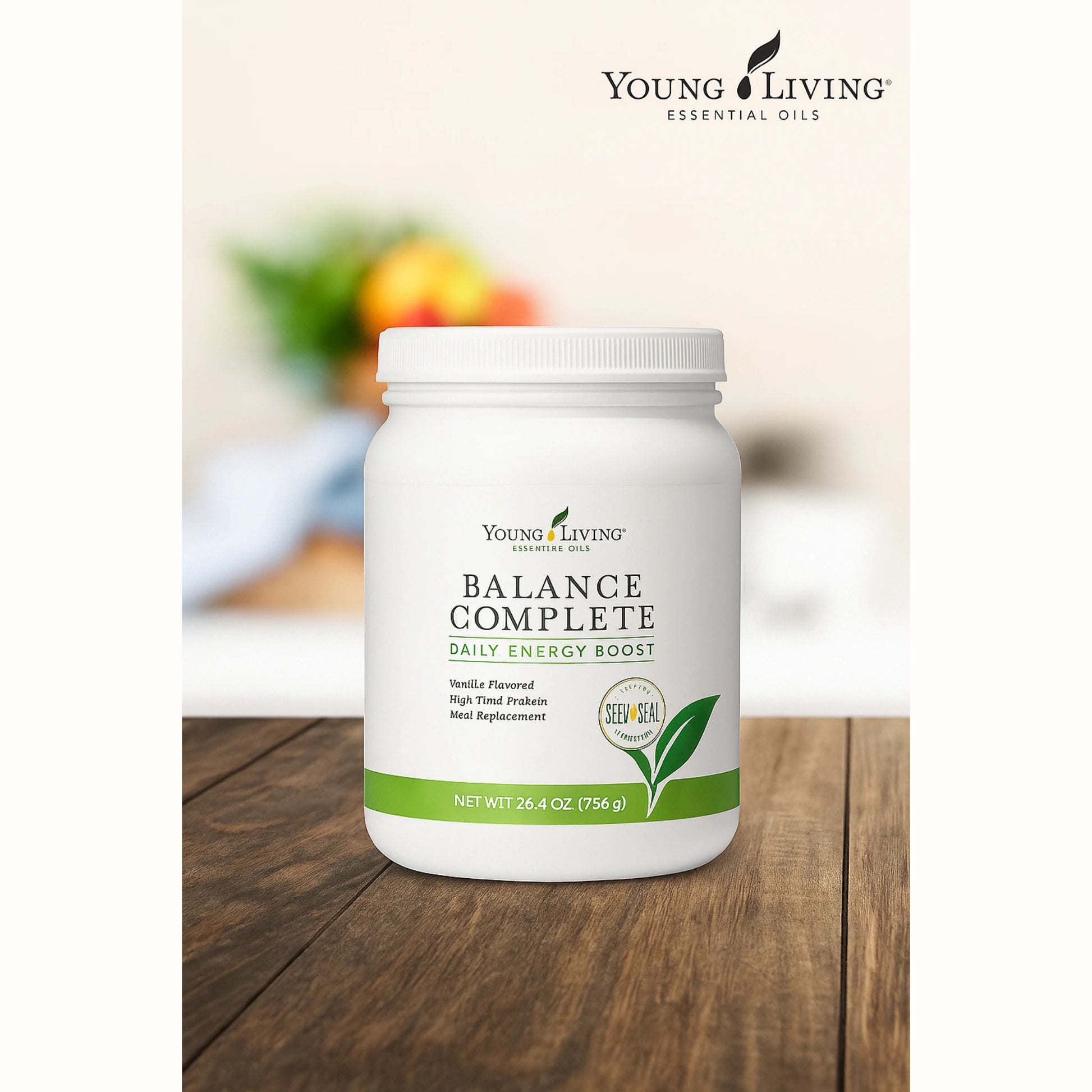 Young Living Balance Complete maaltijdvervanger met superfoods in een handige pot, ideaal voor energie en verzadiging gedurende de dag.