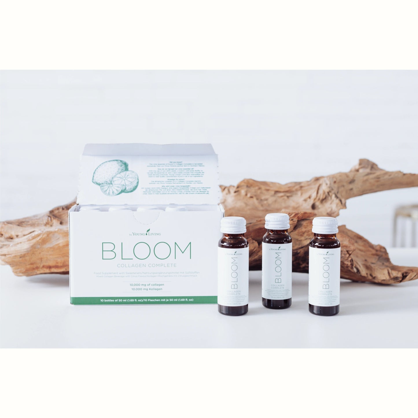 Bloom Collagen Complete van Young Living – collageendrank met citrus die helpt bij huidverjonging, vermindering van rimpels en het versterken van de huidstructuur. Ideaal voor een gladde, jonge huid.