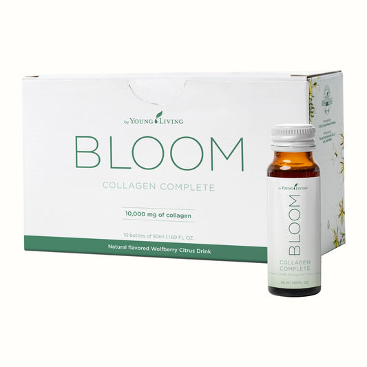 Bloom Collagen Complete van Young Living – collageendrank met citrus die helpt bij huidverjonging, vermindering van rimpels en het versterken van de huidstructuur. Ideaal voor een gladde, jonge huid.