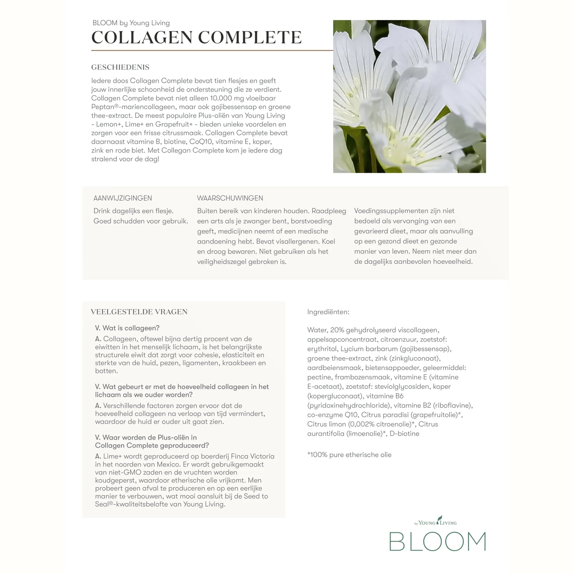 Gedetailleerde uitleg over collageen, ingrediënten en oorsprong van Bloom Collagen – ondersteunt stevige huid, vermindert rimpels en verbetert de opname dankzij kleine molecuulgrootte. Perfect voor huidverjonging.