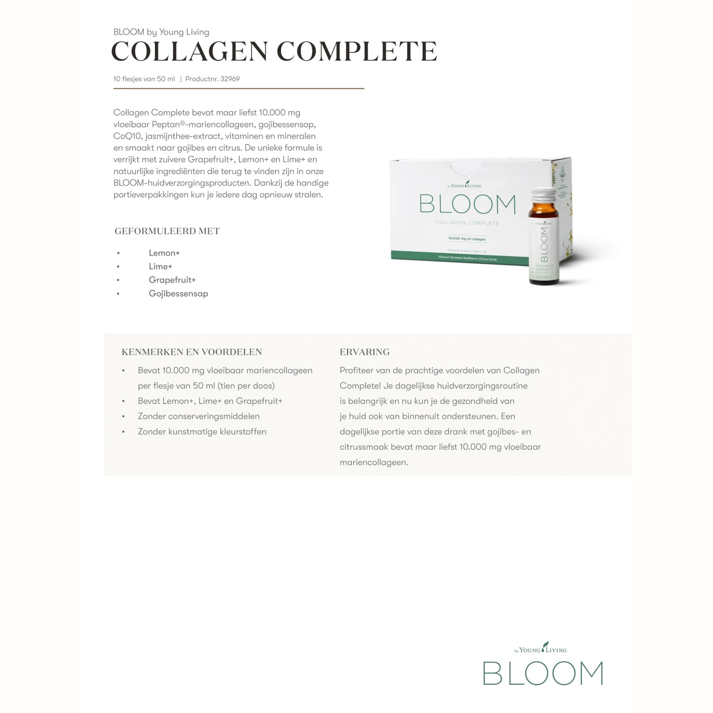Informatief overzicht van Bloom Collagen Complete met 10.000 mg vloeibaar marien collageen – helpt bij losse huidstructuren, gladde huid en dagelijkse ondersteuning van je huidverzorgingsroutine.