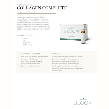 Informatief overzicht van Bloom Collagen Complete met 10.000 mg vloeibaar marien collageen – helpt bij losse huidstructuren, gladde huid en dagelijkse ondersteuning van je huidverzorgingsroutine.
