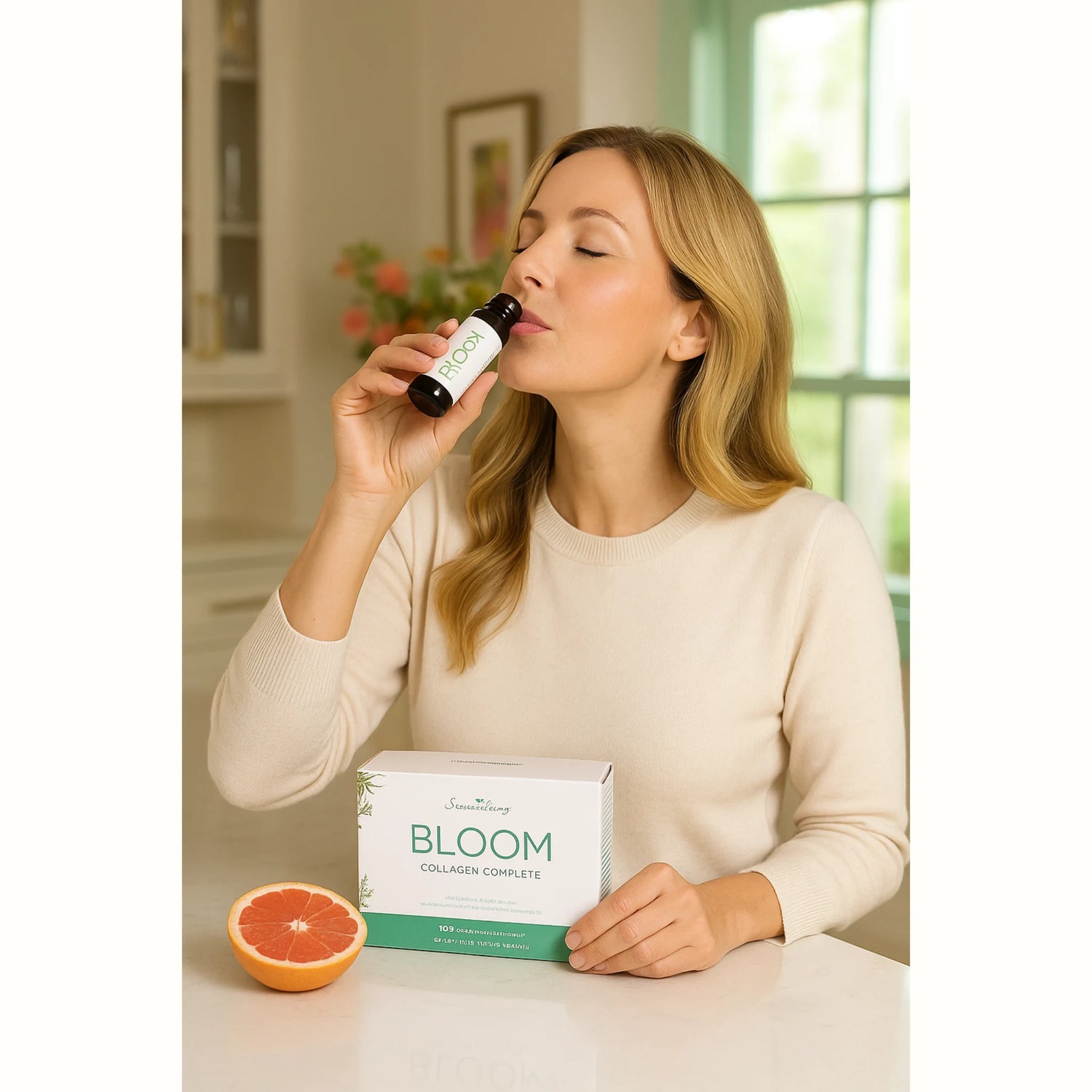 Bloom Collagen Complete van Young Living – collageendrank met citrus die helpt bij huidverjonging, vermindering van rimpels en het versterken van de huidstructuur. Ideaal voor een gladde, jonge huid.
