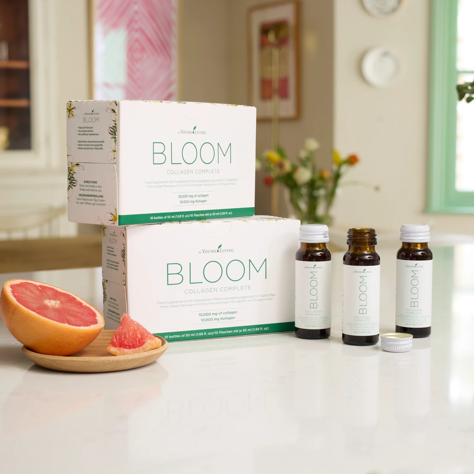 Bloom Collagen Complete van Young Living – collageendrank met citrus die helpt bij huidverjonging, vermindering van rimpels en het versterken van de huidstructuur. Ideaal voor een gladde, jonge huid.