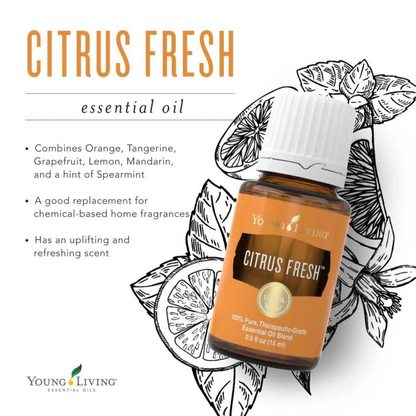 Citrus Fresh olie blend met speelse illustratie en beschrijving van ingrediënten – combineert sinaasappel, mandarijn, grapefruit en munt voor een opwekkende geur