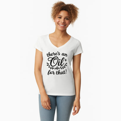 Vrouw draagt wit dames T-shirt met de tekst "There's an oil for that!" – ideaal voor liefhebbers van Young Living essentiële oliën, verkrijgbaar bij Suzanne Shares.