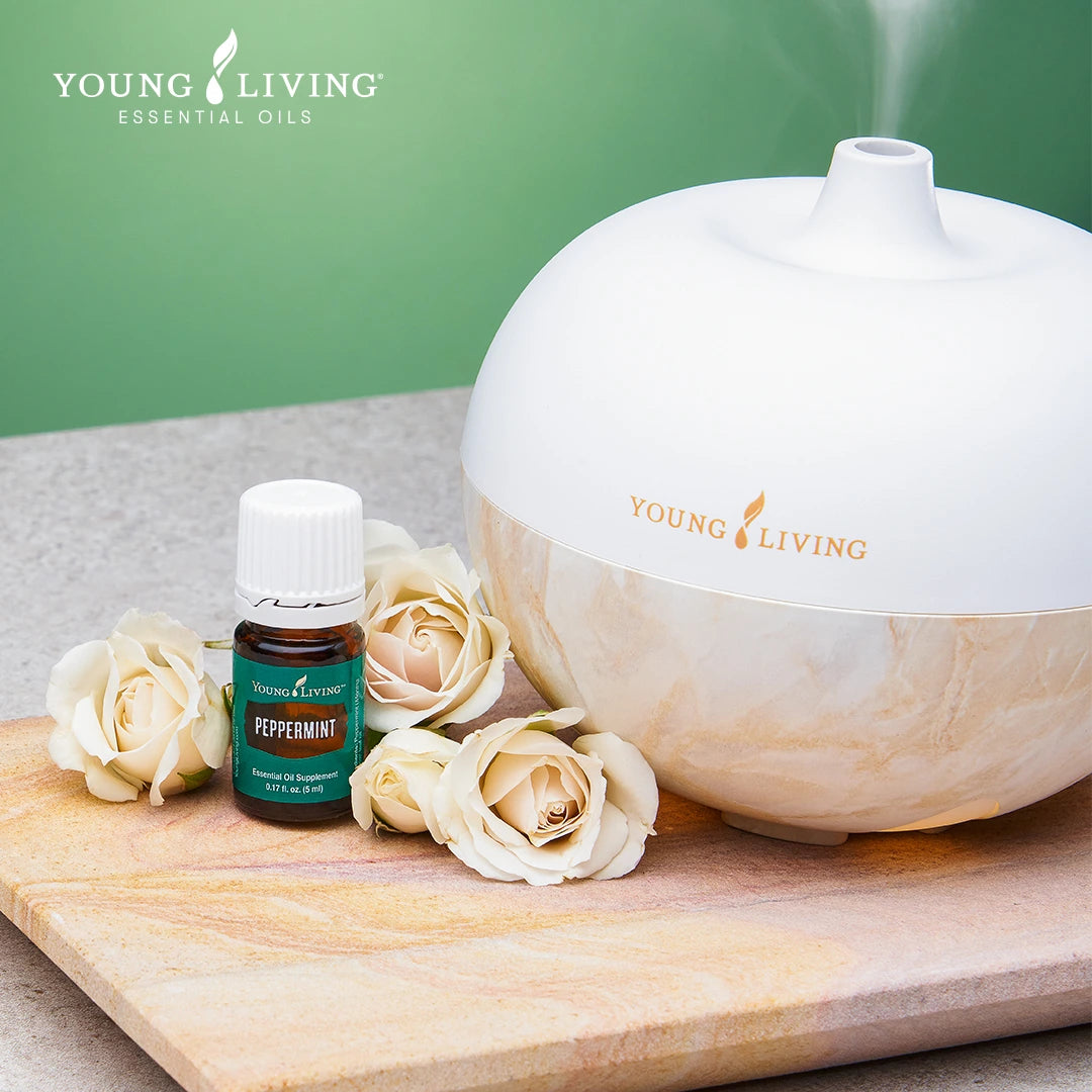 Diffuser van Young Living met Peppermint essentiële olie en verse rozen, perfect voor een verfrissende en opbeurende aromatherapie-ervaring thuis.