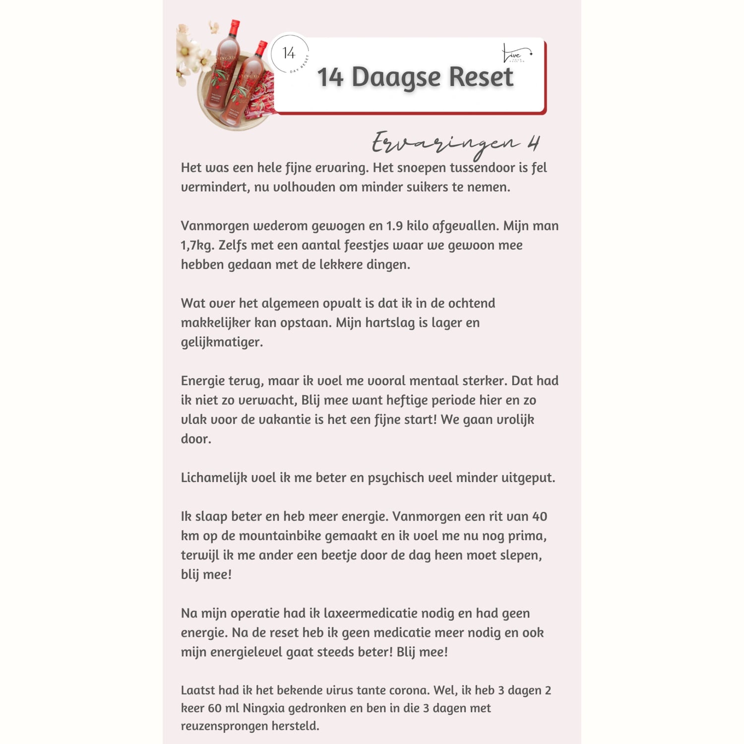 Vrouw ervaart na de 14-daagse NingXia Reset gewichtsverlies, mentale veerkracht, betere slaap en herstel zonder medicatie na operatie.