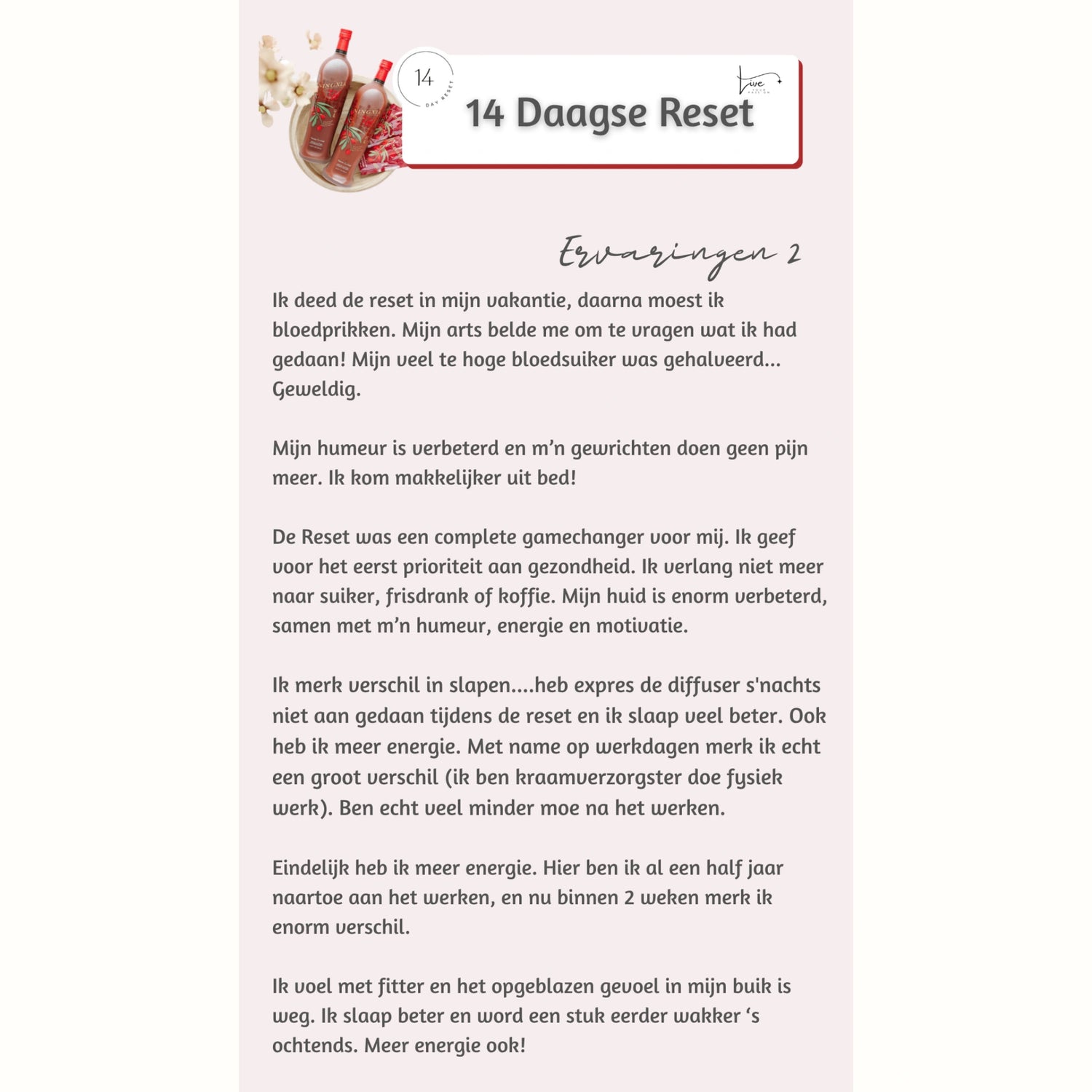 Ervaring van vrouw die met de 14-daagse NingXia Reset haar bloedsuiker verlaagt, beter slaapt en meer energie voelt.