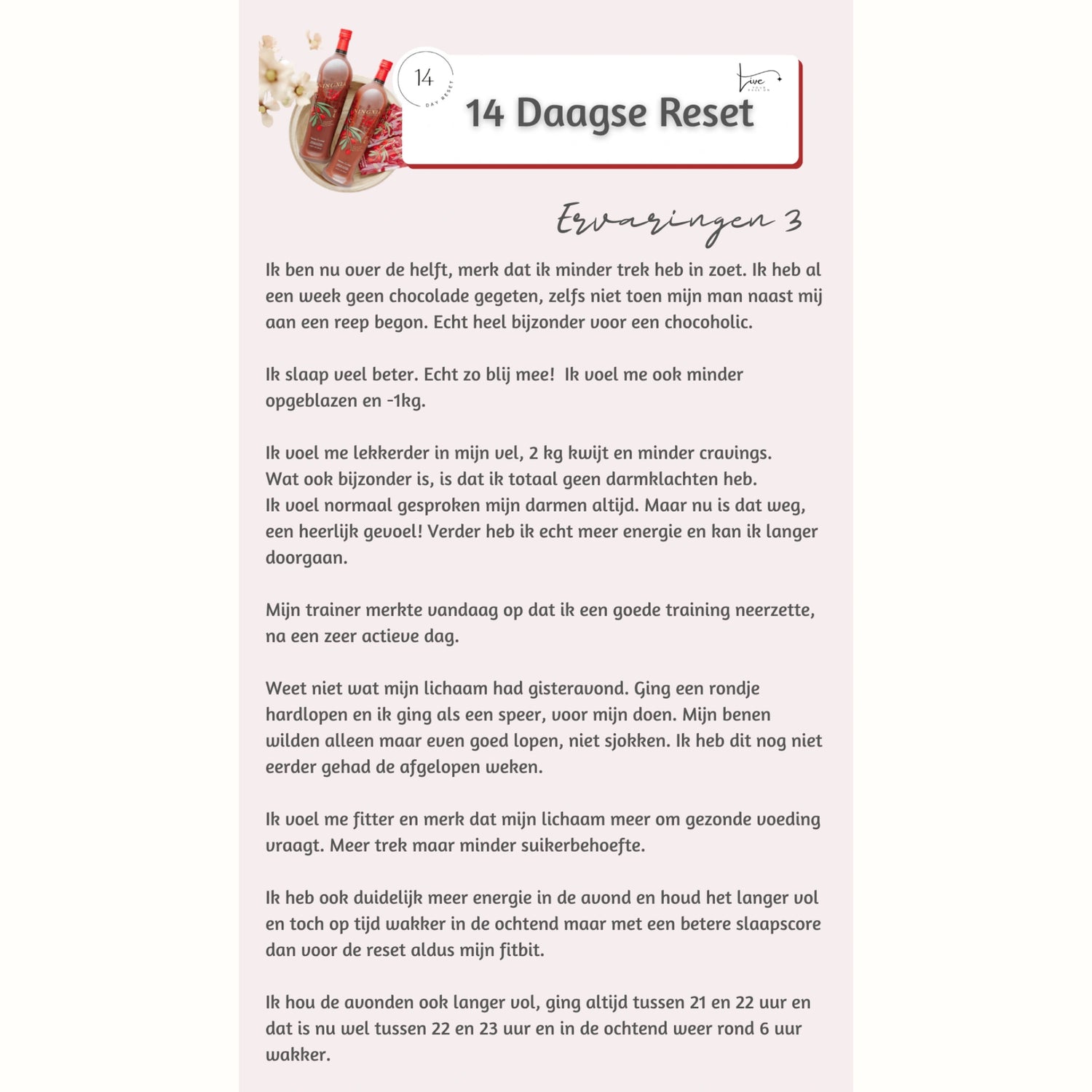 Vrouw deelt ervaring met de 14-daagse NingXia Reset: minder suikercravings, betere slaap, meer energie en 2 kg gewichtsverlies.