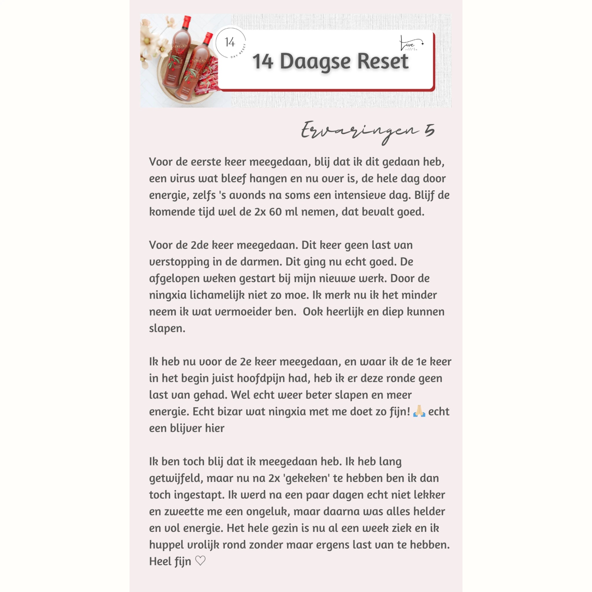 Vrouw deelt haar ervaring met de 14-daagse NingXia Reset: meer energie, diepe slaap, geen darmproblemen en sterker immuunsysteem.