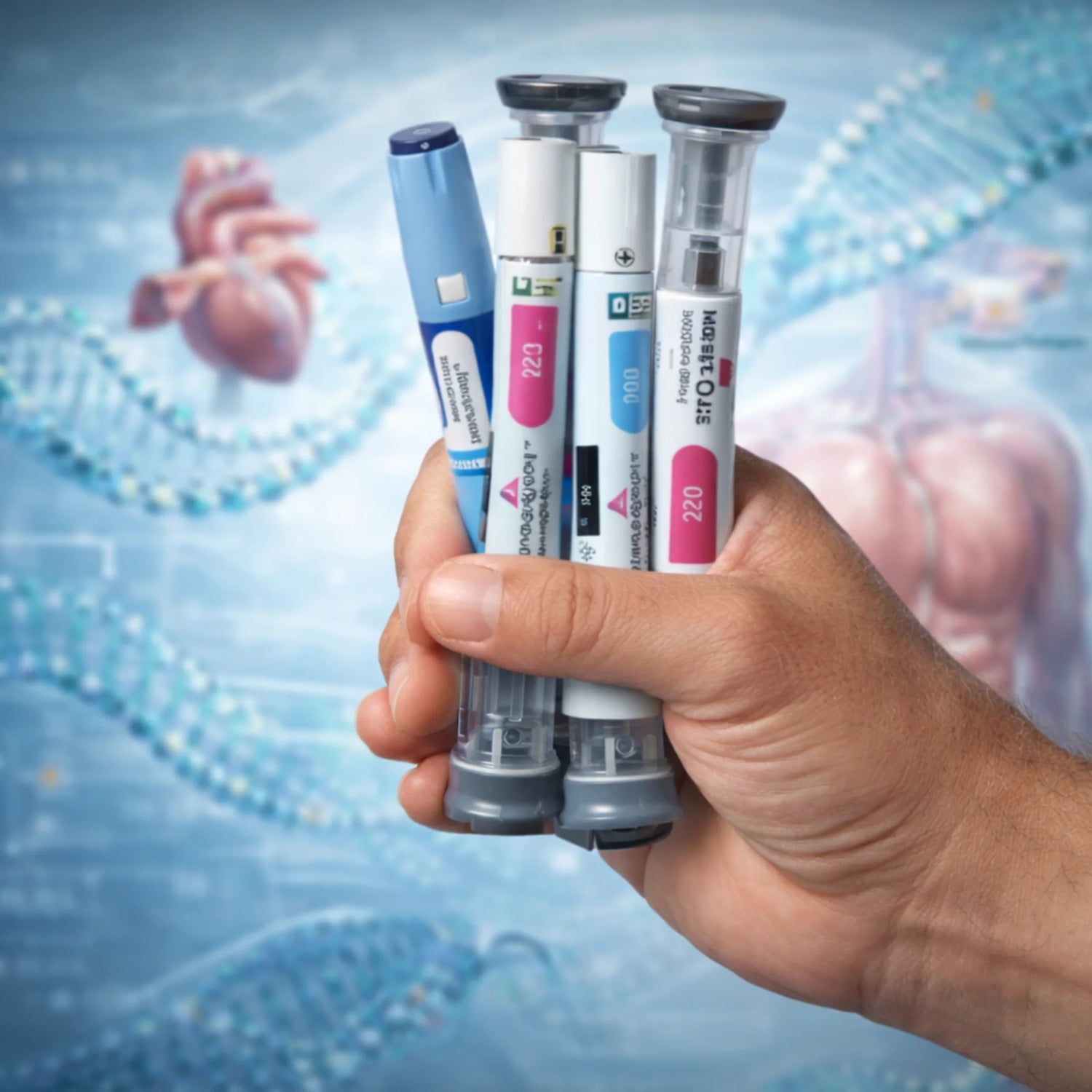 Hand met meerdere GLP-1 injectiepennen als visuele illustratie van GLP-1 medicatie voor afvallen en metabole gezondheid