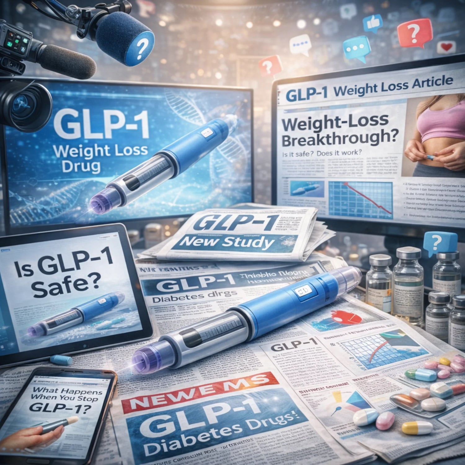 Visual van GLP-1 in nieuws en media met aandacht voor afvallen, veiligheid, onderzoek en publieke discussie