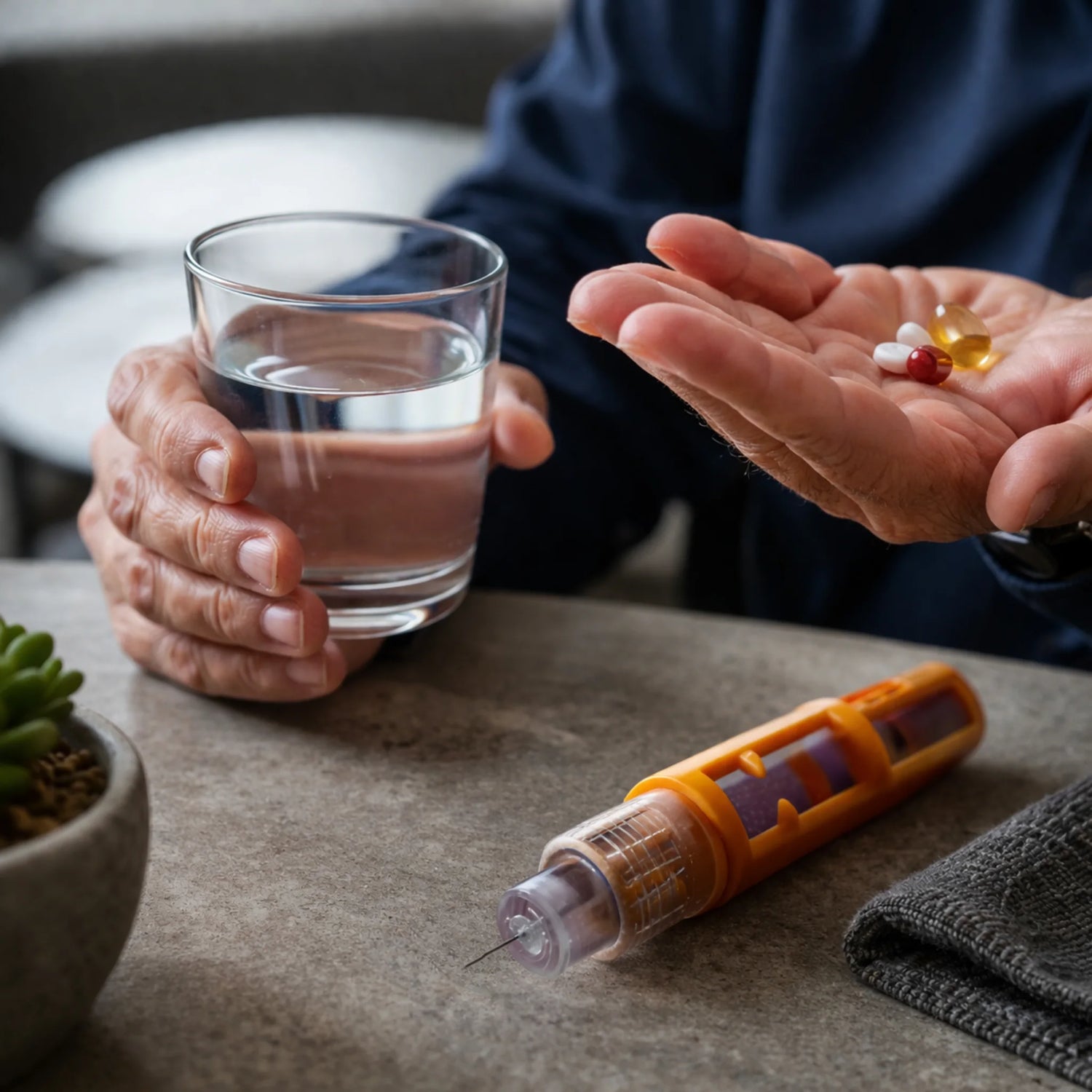 Persoon met glas water, pillen en GLP-1 injectiepen als illustratie van gebruik, medicatie en dagelijkse toepassing van GLP-1