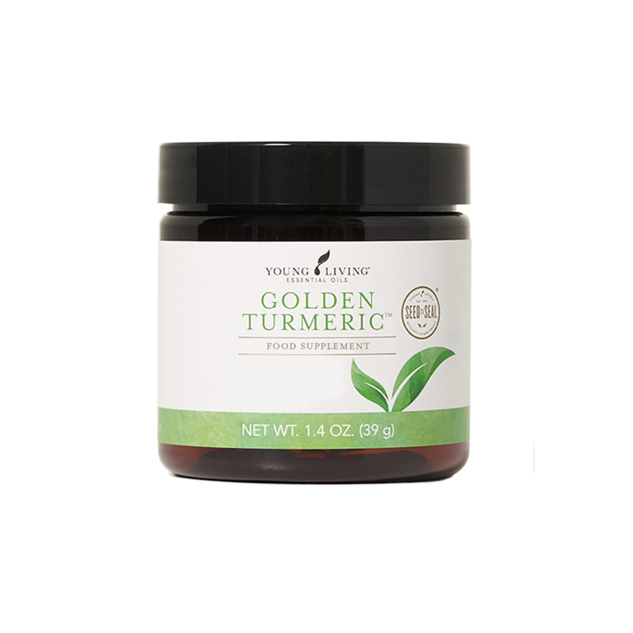 Young Living Golden Turmeric voedingssupplement van 39 gram op een witte achtergrond.