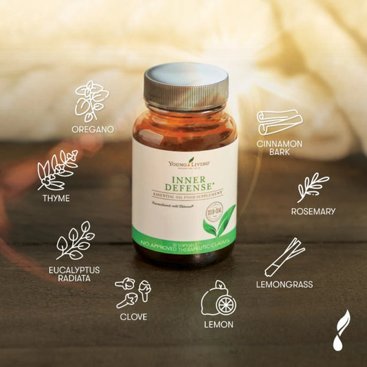 Inner Defense van Young Living met etherische oliën zoals oregano, tijm en citroen – ondersteunt het lichaam bij parasieten, virussen en het epstein-barr virus.