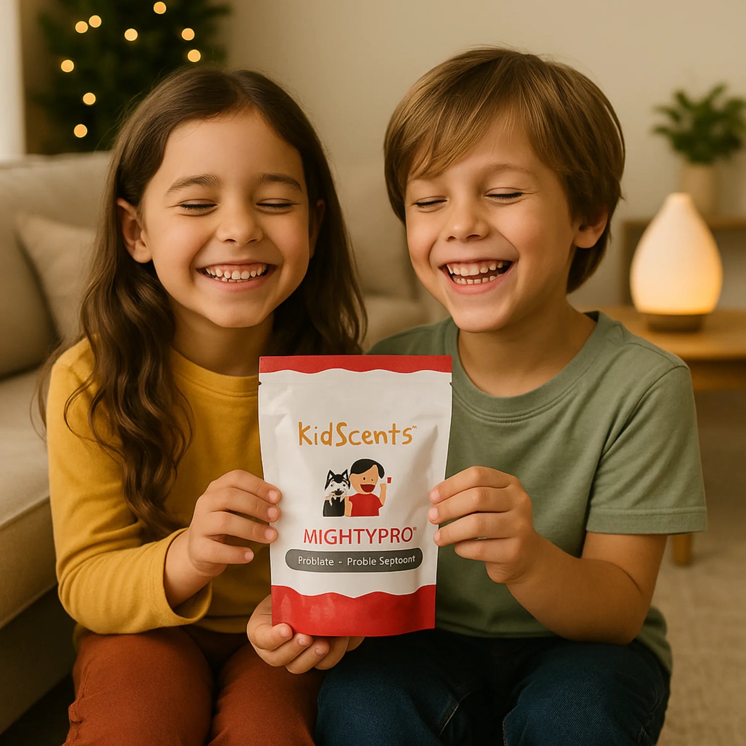 Kinderen in een warme woonkamer terwijl ze genieten van KidScents MightyPro van Young Living, een pre- en probiotica supplement dat de weerstand en darmflora ondersteunt bij kinderen met allergieën, eczeem of HSP.