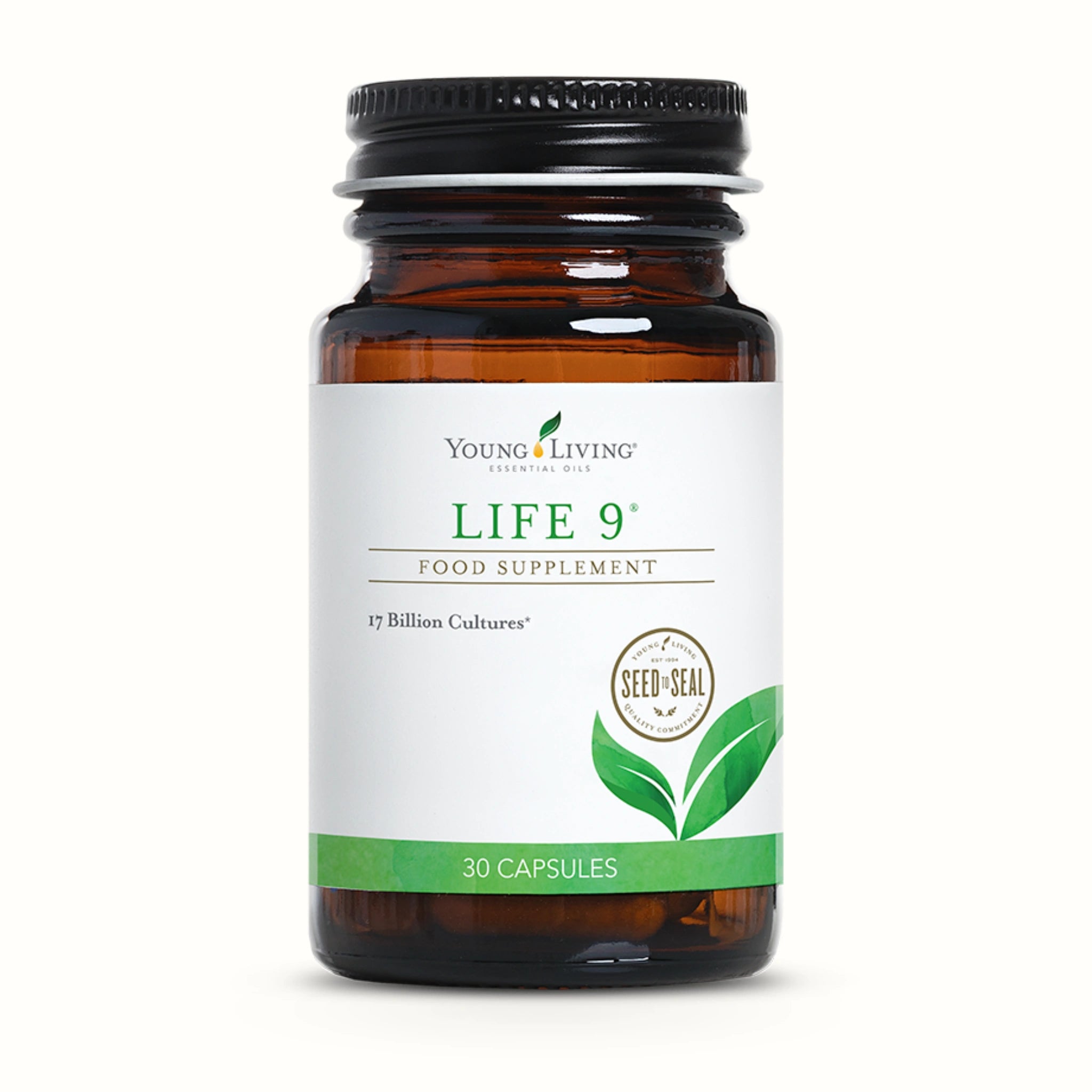 Life 9 van Young Living – hoogwaardig probiotisch supplement met 17 miljard culturen, ondersteunt darmflora, peristaltiek en natuurlijke weerstand.
