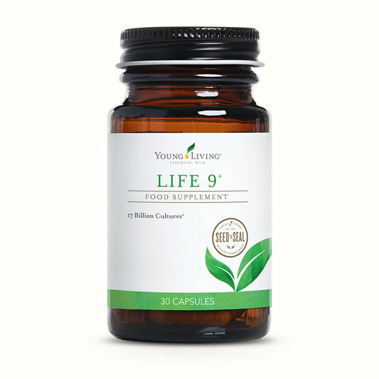 Life 9 van Young Living – hoogwaardig probiotisch supplement met 17 miljard culturen, ondersteunt darmflora, peristaltiek en natuurlijke weerstand.